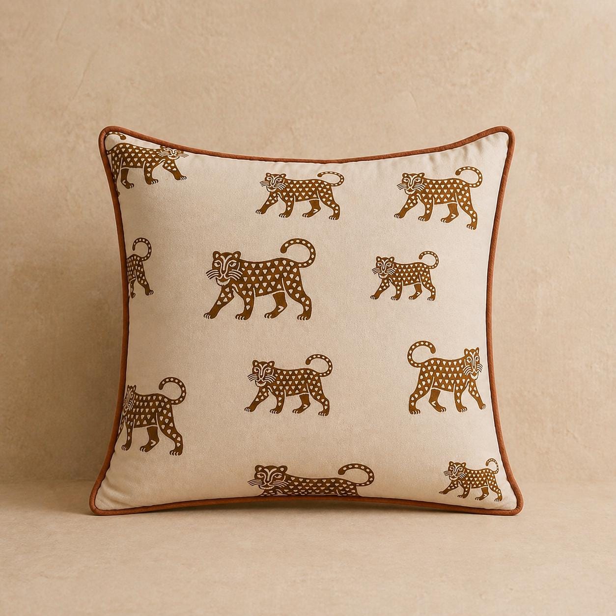 Cream Velvet Jaguar Pillow Cover, Rust Piping, Boho Throw Cushion 18x18