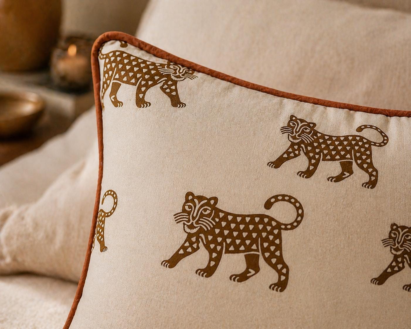 Cream Velvet Jaguar Pillow Cover, Rust Piping, Boho Throw Cushion 18x18