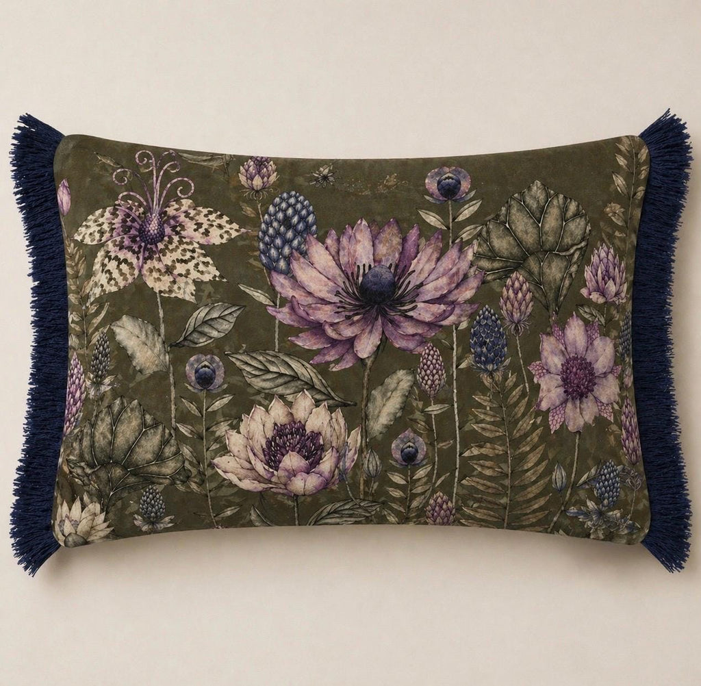 Botanical Velvet Lumbar Pillow Cover, Olive Cream Floral Throw Cushion, Navy Fringe Home Decor