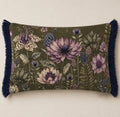 Botanical Velvet Lumbar Pillow Cover, Olive Cream Floral Throw Cushion, Navy Fringe Home Decor