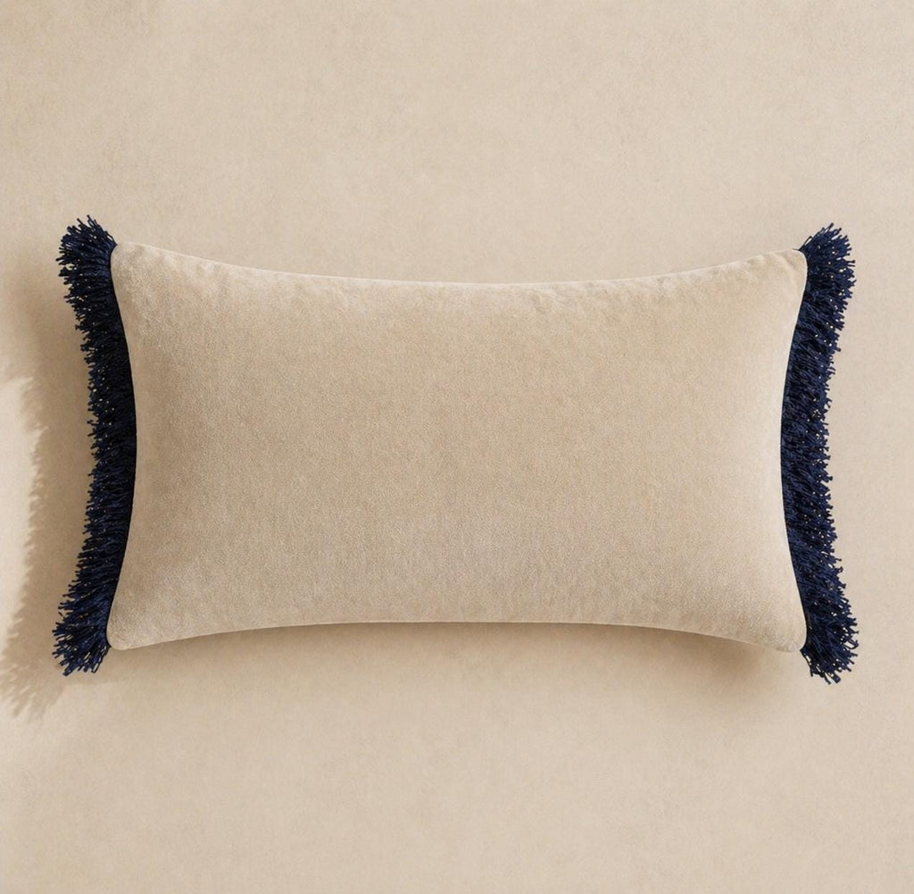 Botanical Velvet Lumbar Pillow Cover, Olive Cream Floral Throw Cushion, Navy Fringe Home Decor