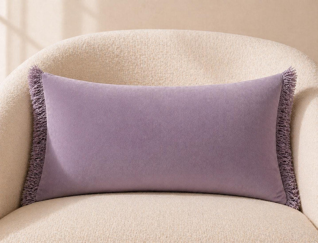 Botanical Velvet Lumbar Pillow Cover, Cream Floral Throw Cushion, Navy Fringe Home Decor