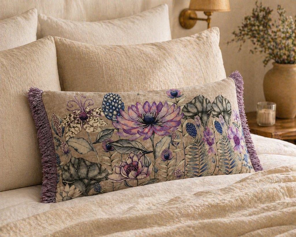 Botanical Velvet Lumbar Pillow Cover, Cream Floral Throw Cushion, Navy Fringe Home Decor