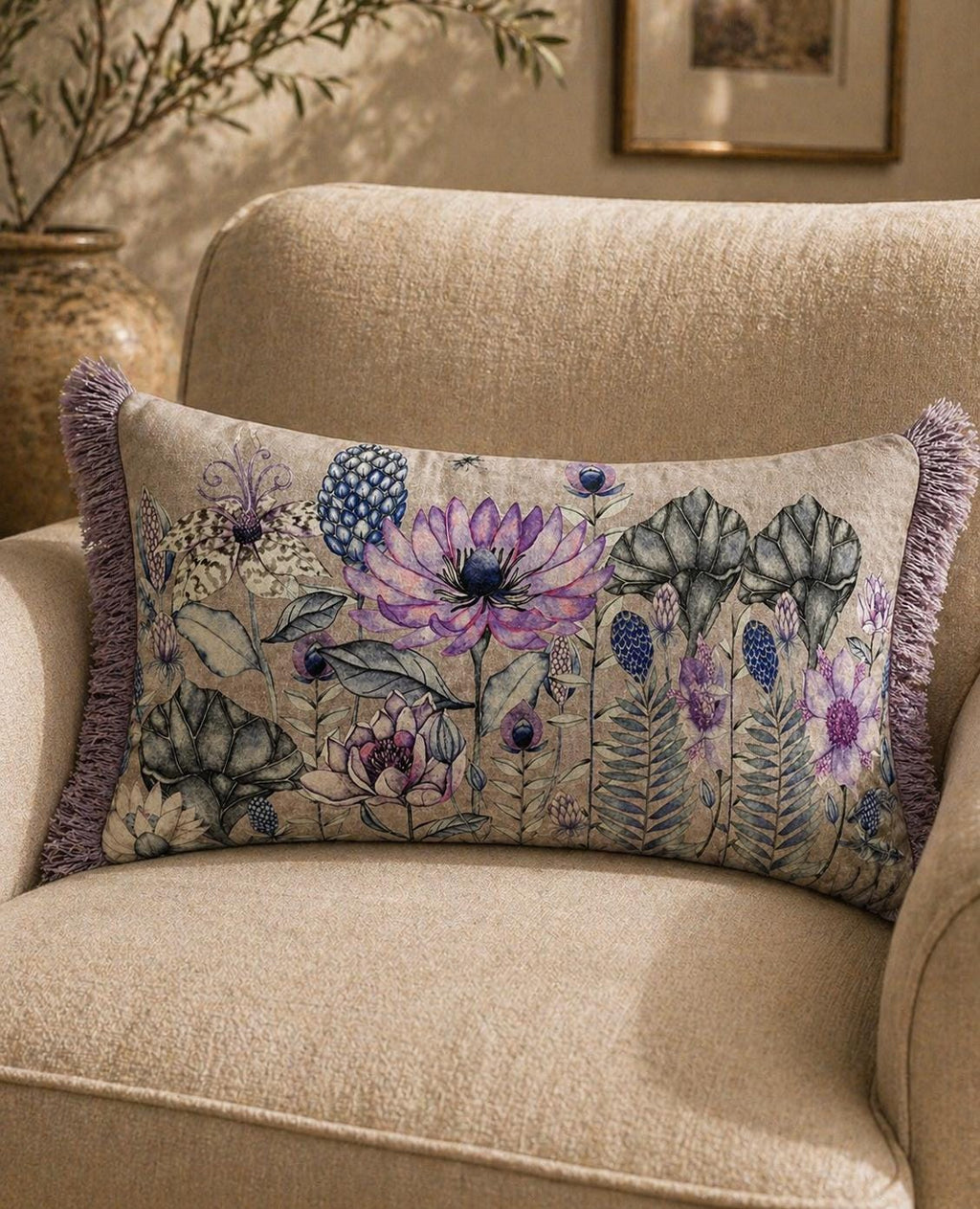 Botanical Velvet Lumbar Pillow Cover, Cream Floral Throw Cushion, Navy Fringe Home Decor