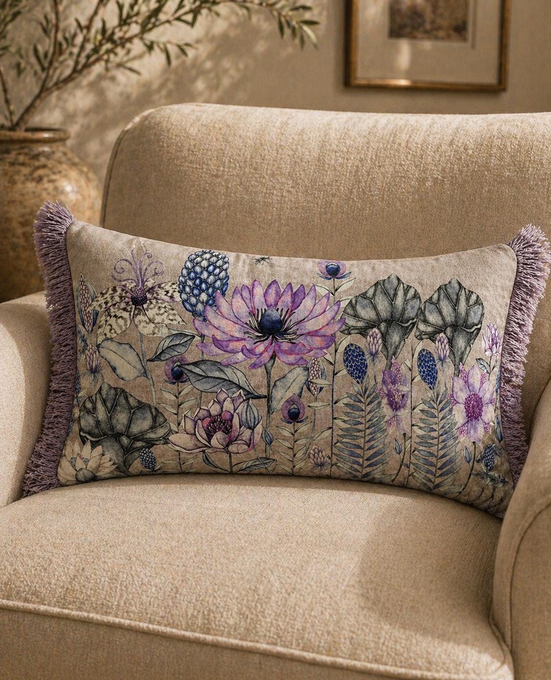 Botanical Velvet Lumbar Pillow Cover, Cream Floral Throw Cushion, Navy Fringe Home Decor