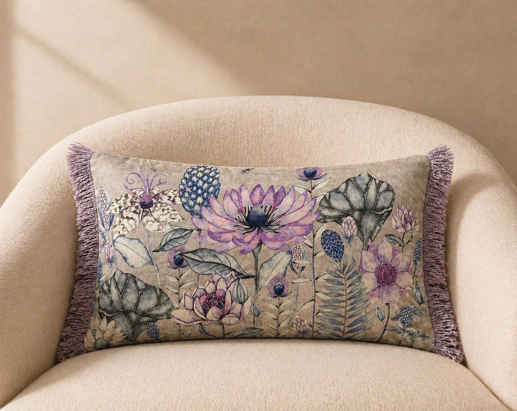 Botanical Velvet Lumbar Pillow Cover, Cream Floral Throw Cushion, Navy Fringe Home Decor