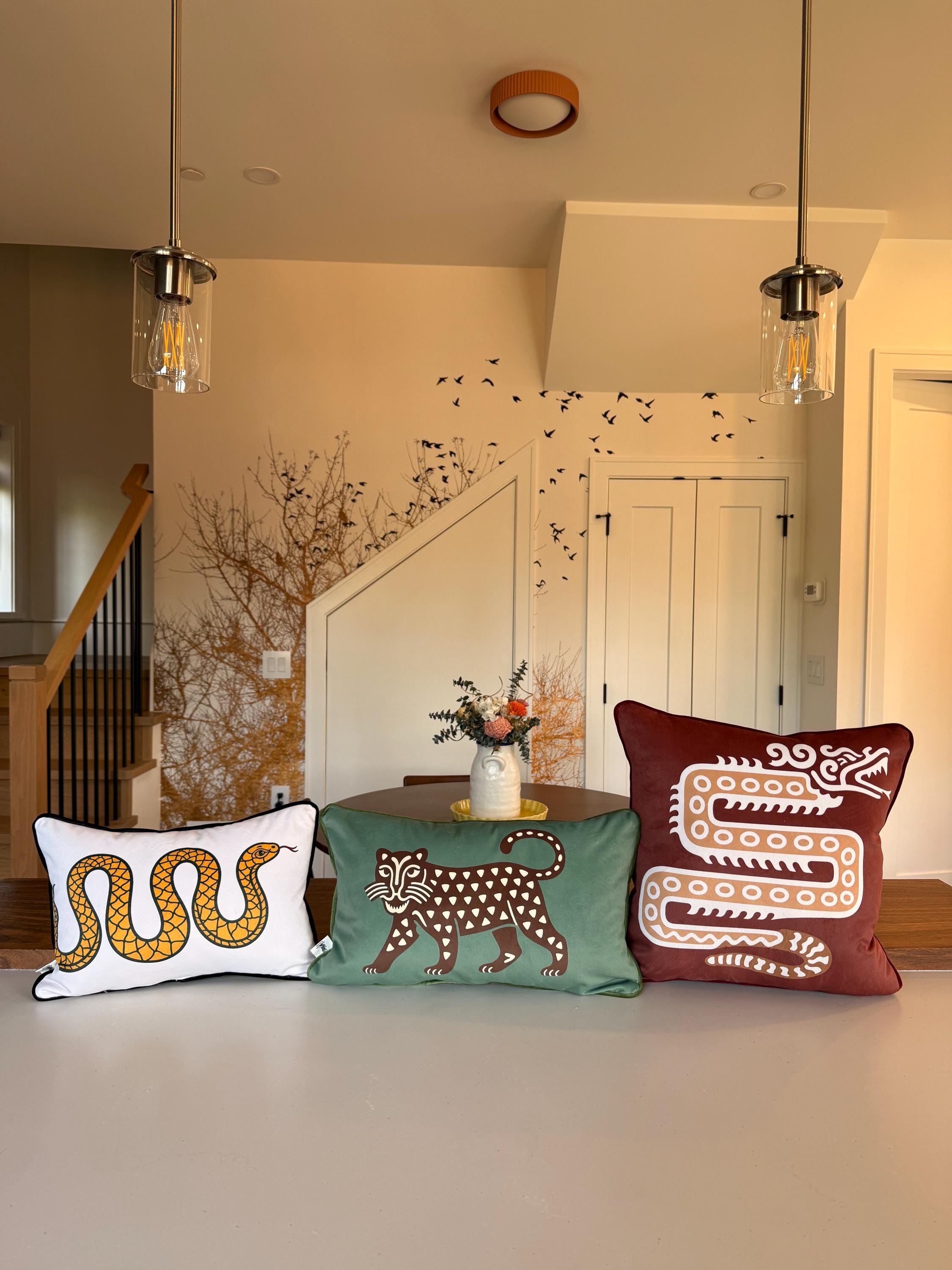 Velvet Snake Pillow Cover | Serpent Decorative Cushion | Boho Nature Statement Sofa Pillow