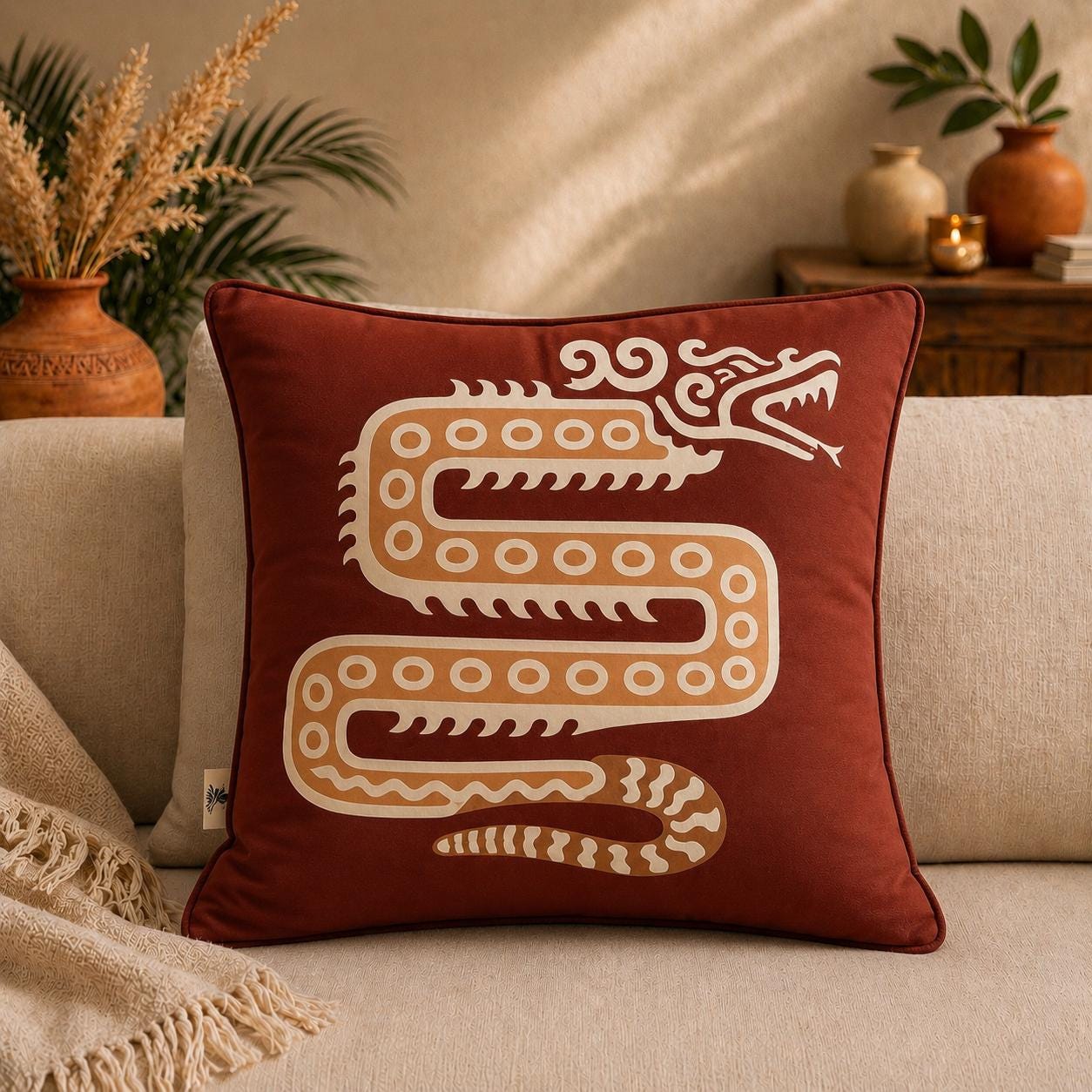 Velvet Snake Pillow Cover | Serpent Decorative Cushion | Boho Nature Statement Sofa Pillow