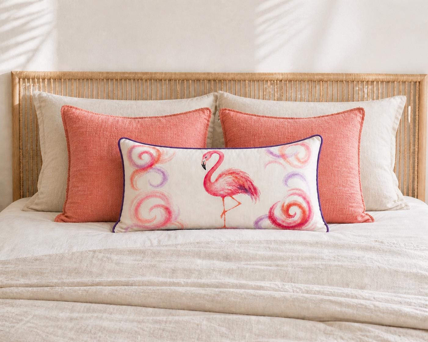 Flamingo Lumbar Pillow Cover, Watercolor Tropical Boho Decor, Purple Piping Accent