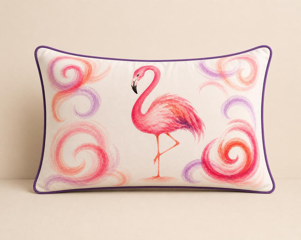 Flamingo Lumbar Pillow Cover, Watercolor Tropical Boho Decor, Purple Piping Accent