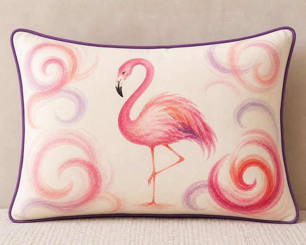 Flamingo Lumbar Pillow Cover, Watercolor Tropical Boho Decor, Purple Piping Accent