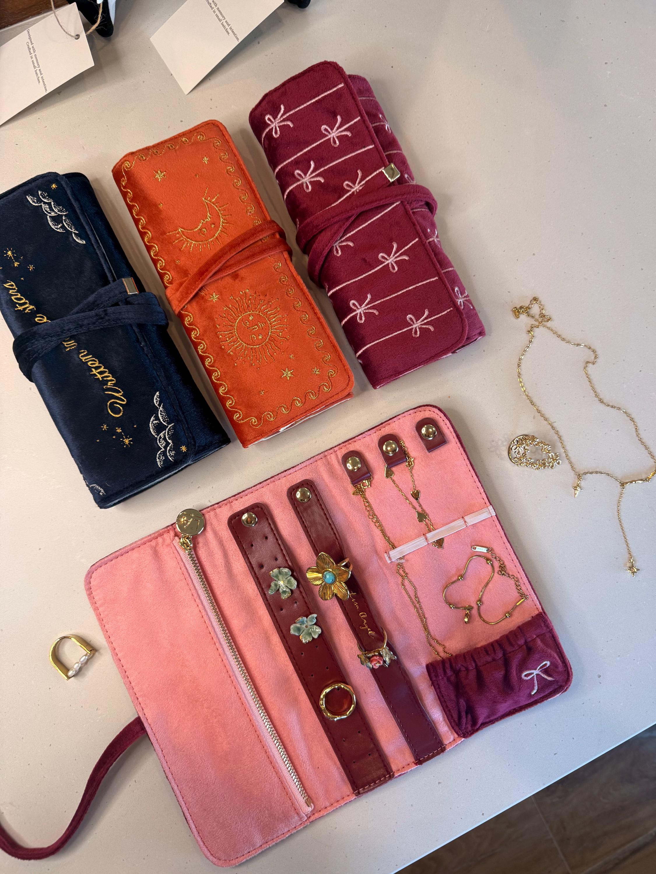 Burgundy Velvet Jewelry Roll – Embroidered Bow Travel Organizer