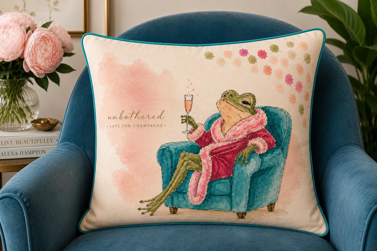 Frog Pillow Cover, Watercolor Frog Champagne Lover Gift, Preppy Cottagecore Accent