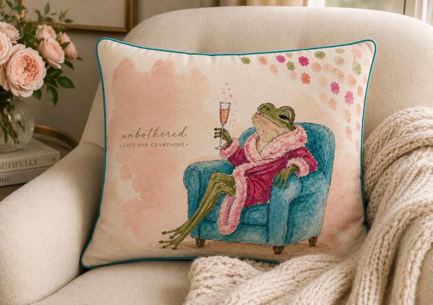Frog Pillow Cover, Watercolor Frog Champagne Lover Gift, Preppy Cottagecore Accent