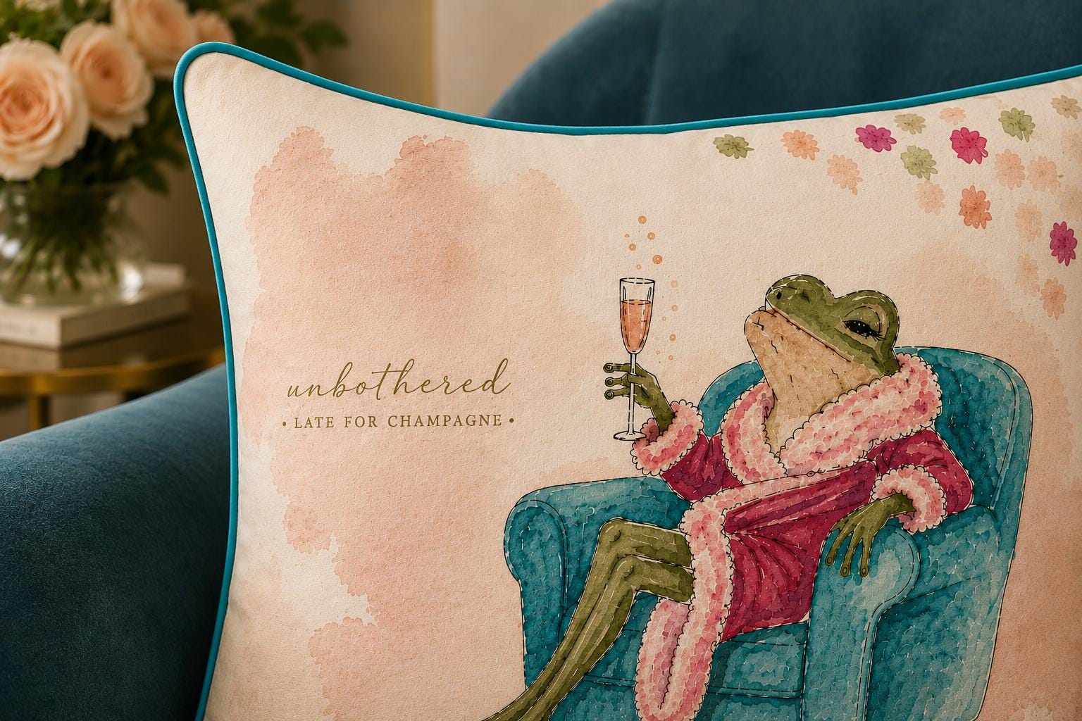 Frog Pillow Cover, Watercolor Frog Champagne Lover Gift, Preppy Cottagecore Accent